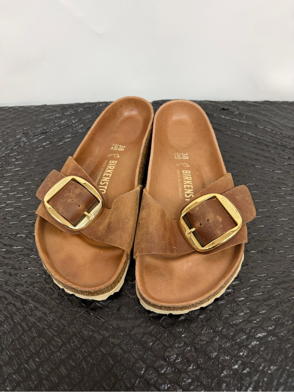 Birkenstock Single Strap Slide in Brown with Gold Buckles